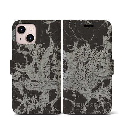 【津山（岡山県）】地図柄iPhoneケース（手帳タイプ）モノトーン・iPhone 13 mini 用