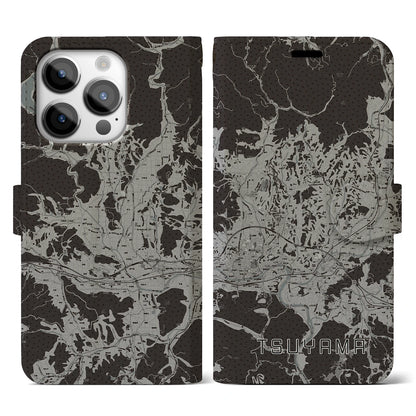 【津山（岡山県）】地図柄iPhoneケース（手帳タイプ）モノトーン・iPhone 14 Pro 用