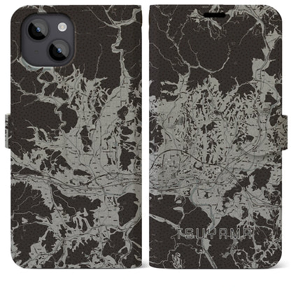 【津山（岡山県）】地図柄iPhoneケース（手帳タイプ）モノトーン・iPhone 14 Plus 用