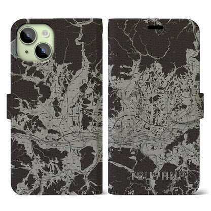【津山（岡山県）】地図柄iPhoneケース（手帳タイプ）モノトーン・iPhone 15 用