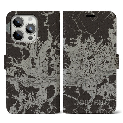 【津山（岡山県）】地図柄iPhoneケース（手帳タイプ）モノトーン・iPhone 15 Pro 用