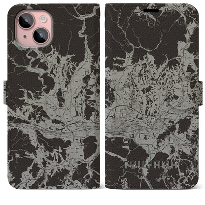 【津山（岡山県）】地図柄iPhoneケース（手帳タイプ）モノトーン・iPhone 15 Plus 用