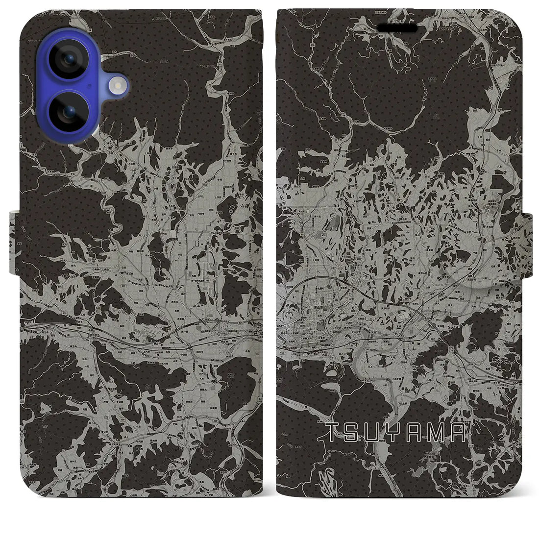 【津山(岡山県)】地図柄iPhoneケース(手帳タイプ)モノトーン・iPhone 16 Pro Max 用