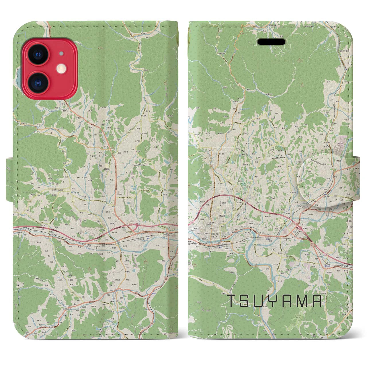 【津山】地図柄iPhoneケース（手帳両面タイプ・ナチュラル）iPhone 11 用