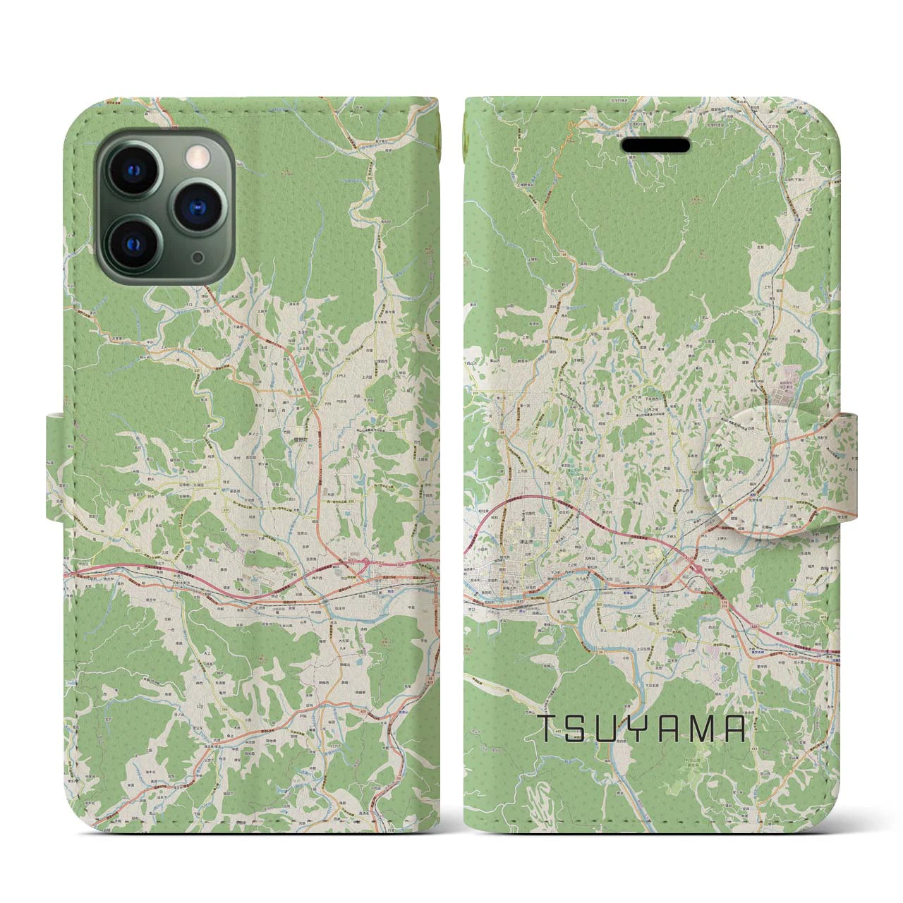 【津山】地図柄iPhoneケース（手帳両面タイプ・ナチュラル）iPhone 11 Pro 用