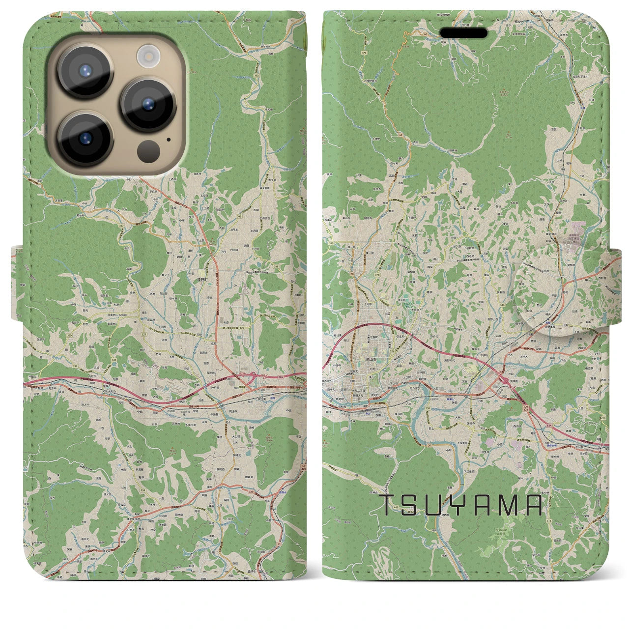 【津山】地図柄iPhoneケース（手帳両面タイプ・ナチュラル）iPhone 14 Pro Max 用