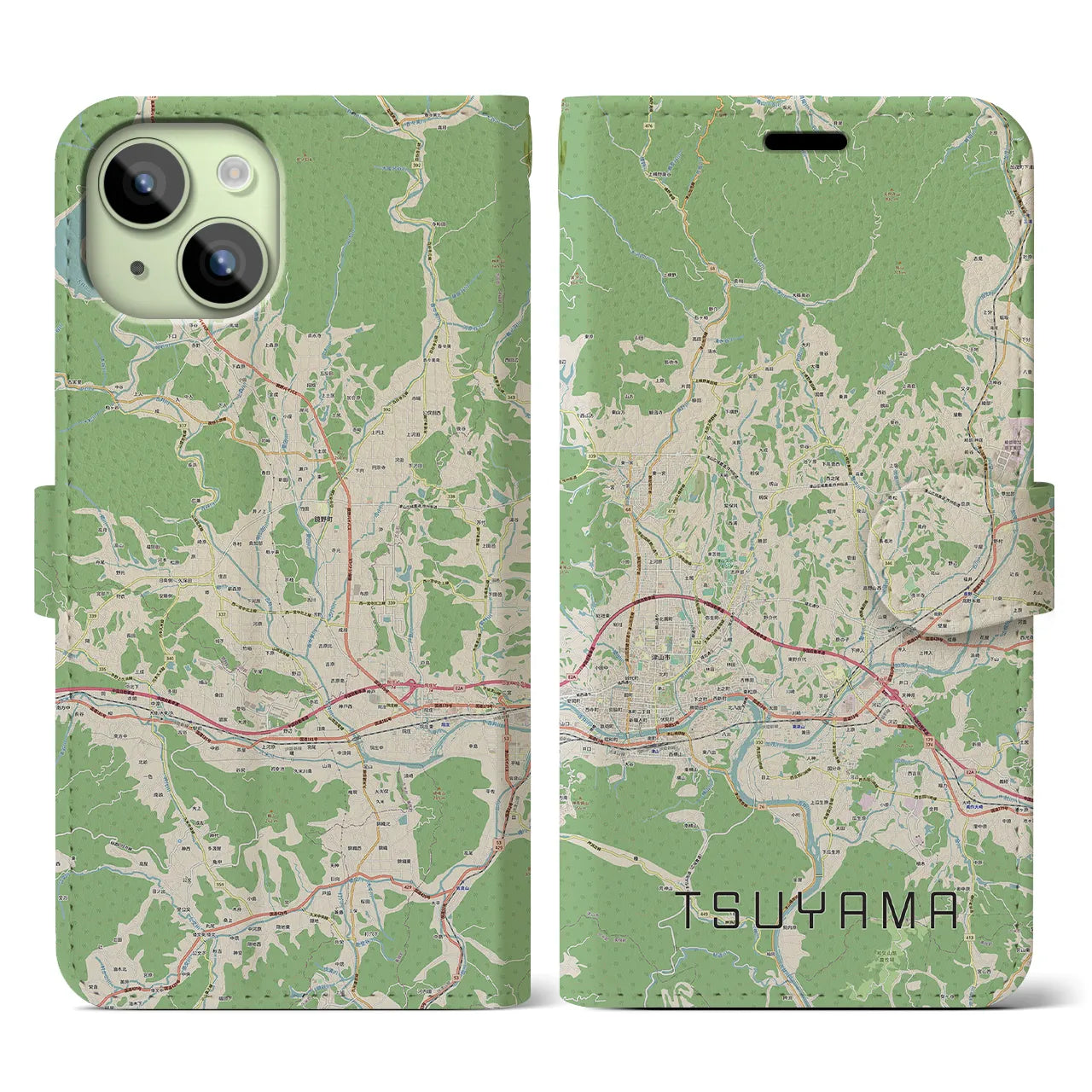 【津山】地図柄iPhoneケース（手帳両面タイプ・ナチュラル）iPhone 15 用