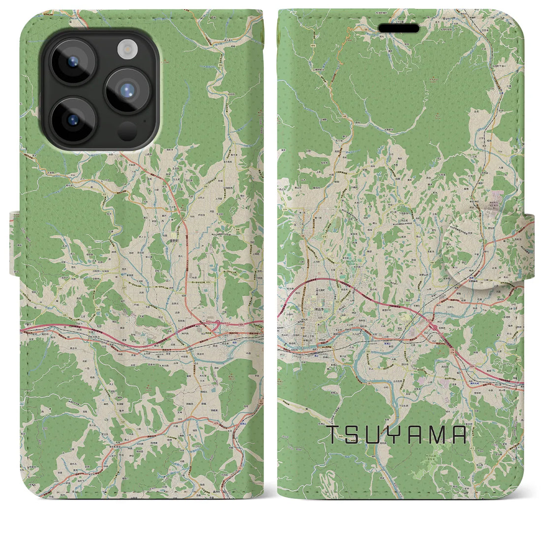 【津山】地図柄iPhoneケース（手帳両面タイプ・ナチュラル）iPhone 15 Pro Max 用