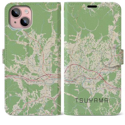 【津山（岡山県）】地図柄iPhoneケース（手帳タイプ）ナチュラル・iPhone 15 Plus 用