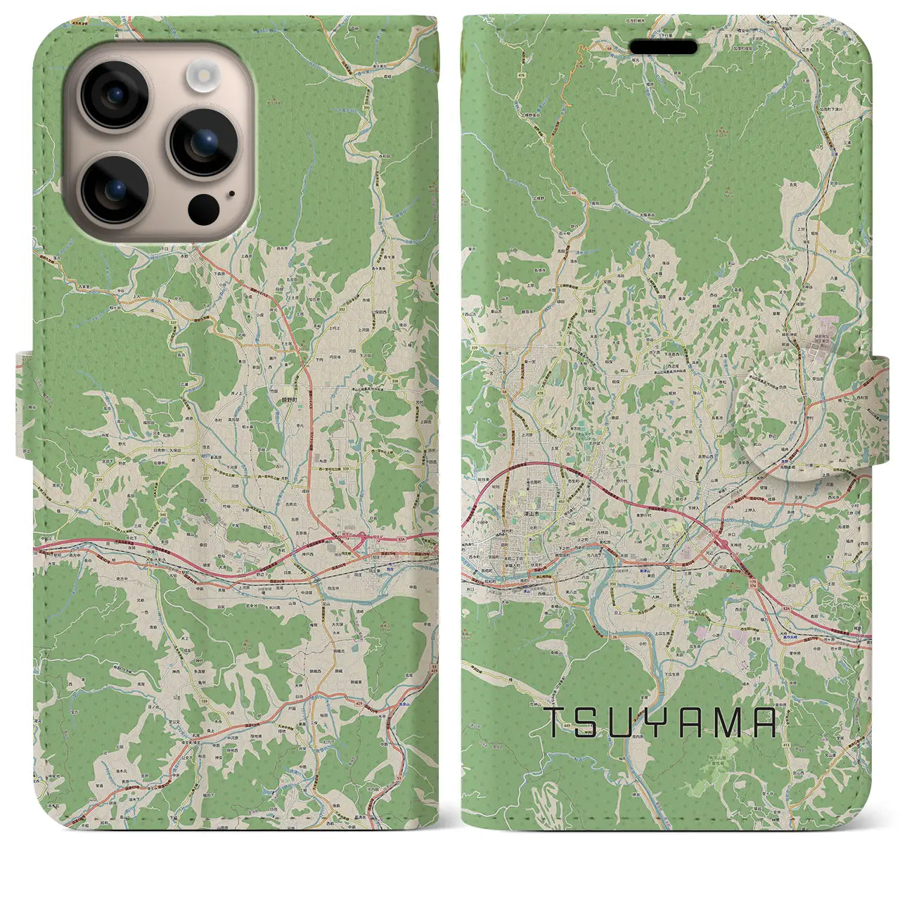 【津山（岡山県）】地図柄iPhoneケース（手帳タイプ）ナチュラル・iPhone 16 Plus 用