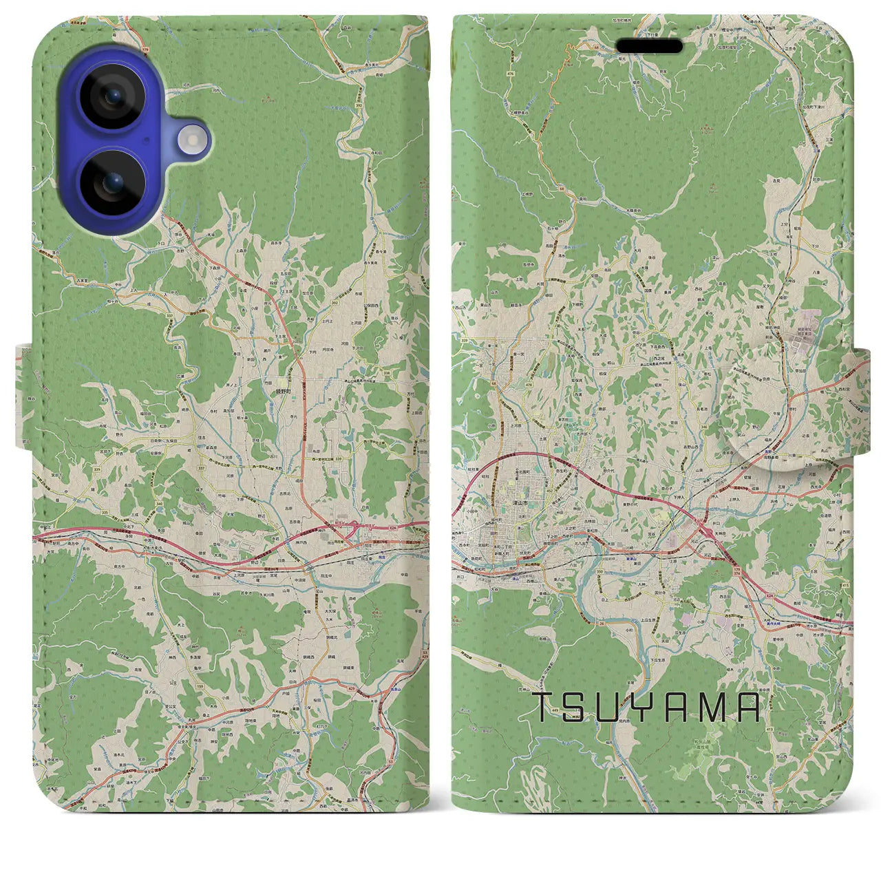 【津山（岡山県）】地図柄iPhoneケース（手帳タイプ）ナチュラル・iPhone 16 Pro Max 用