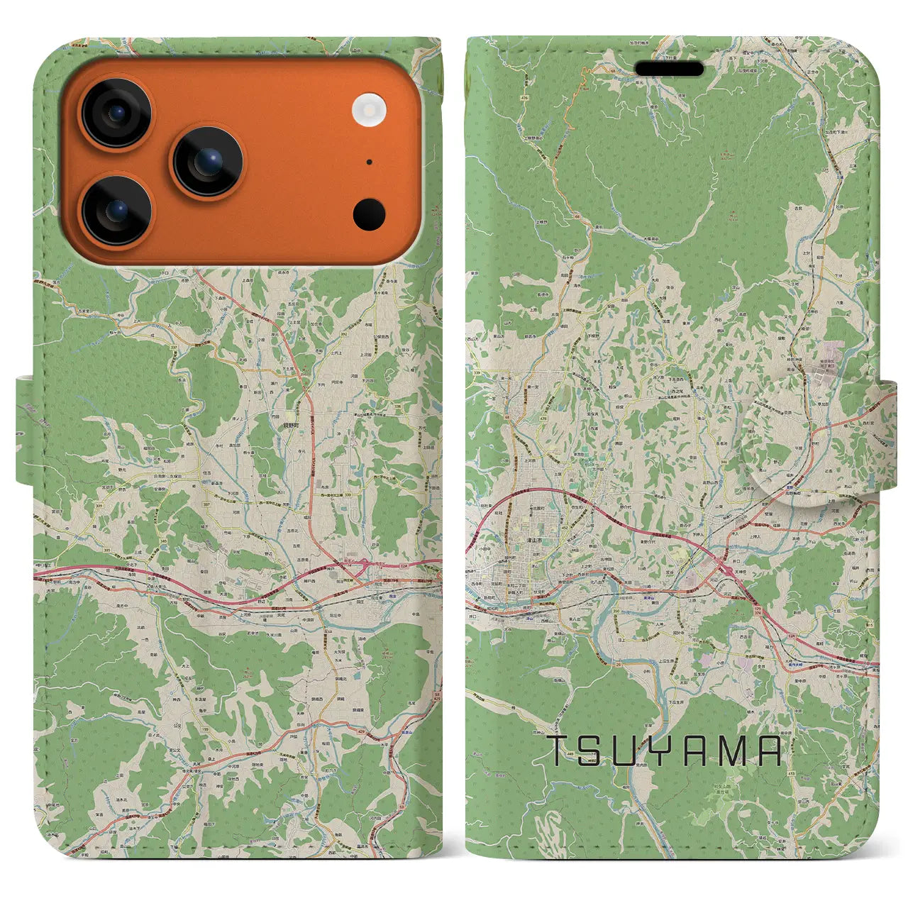【津山（岡山県）】地図柄iPhoneケース（手帳タイプ）ナチュラル・iPhone 17 Pro Max 用