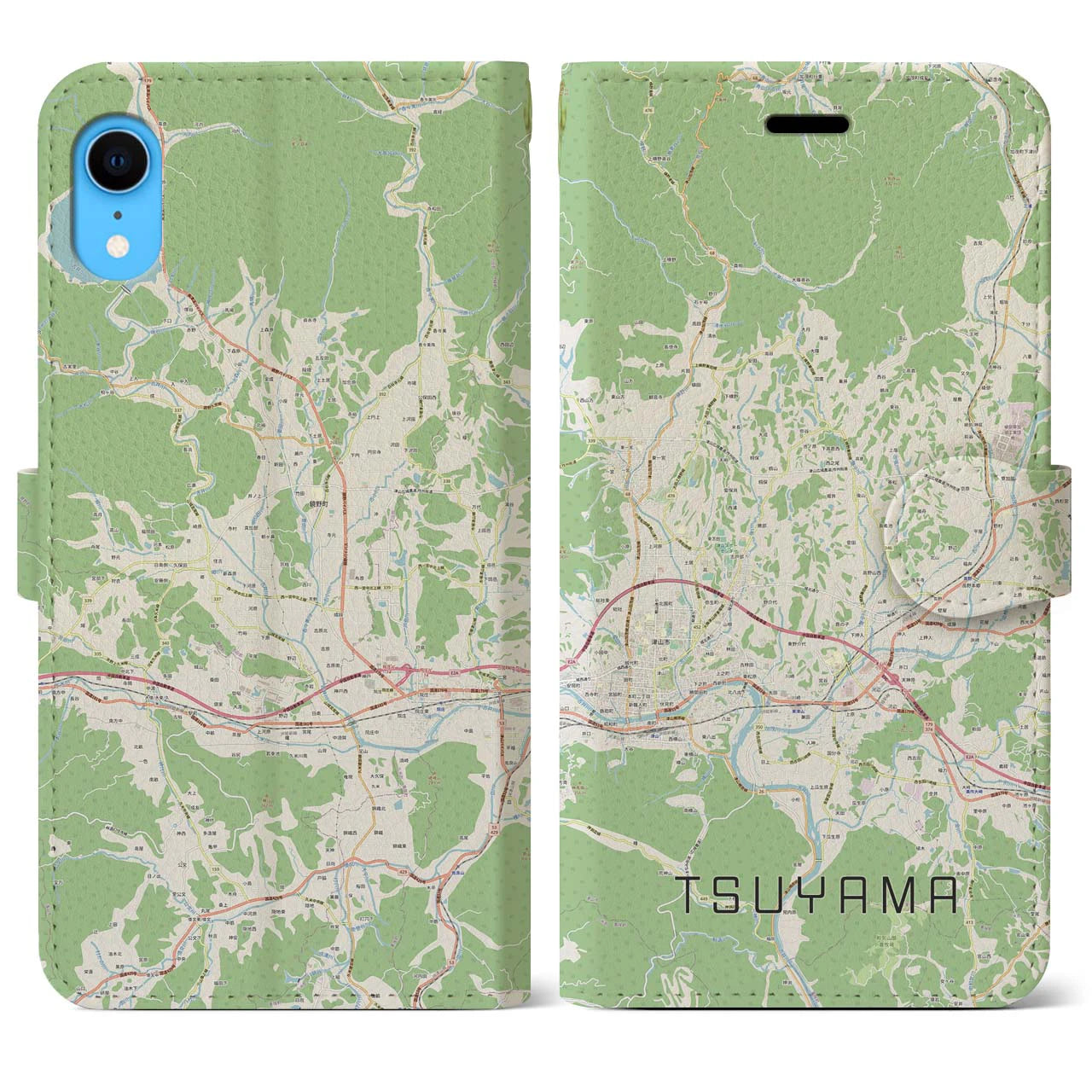 【津山】地図柄iPhoneケース（手帳両面タイプ・ナチュラル）iPhone XR 用