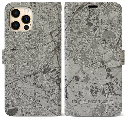 【都筑ふれあいの丘（神奈川県）】地図柄iPhoneケース（手帳タイプ）モノトーン・iPhone 12 Pro Max 用