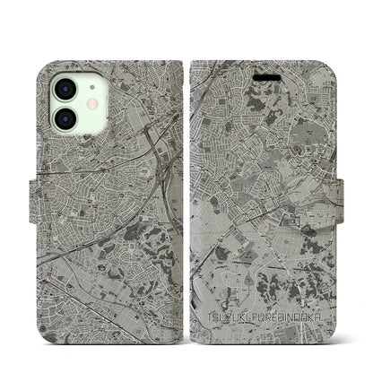 【都筑ふれあいの丘（神奈川県）】地図柄iPhoneケース（手帳タイプ）モノトーン・iPhone 12 mini 用