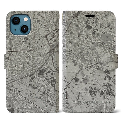 【都筑ふれあいの丘（神奈川県）】地図柄iPhoneケース（手帳タイプ）モノトーン・iPhone 13 用