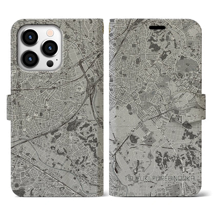 【都筑ふれあいの丘（神奈川県）】地図柄iPhoneケース（手帳タイプ）モノトーン・iPhone 13 Pro 用