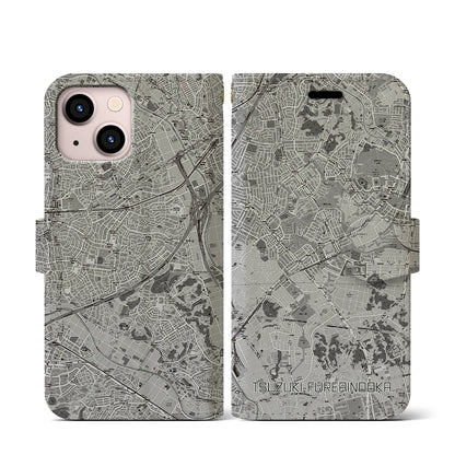 【都筑ふれあいの丘（神奈川県）】地図柄iPhoneケース（手帳タイプ）モノトーン・iPhone 13 mini 用