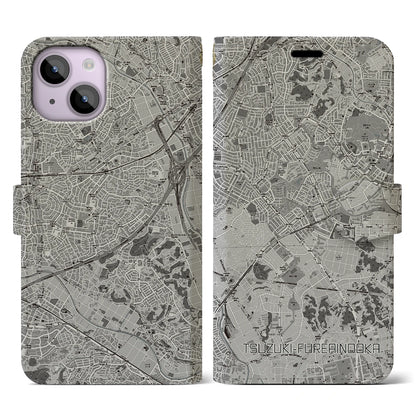 【都筑ふれあいの丘（神奈川県）】地図柄iPhoneケース（手帳タイプ）モノトーン・iPhone 14 用