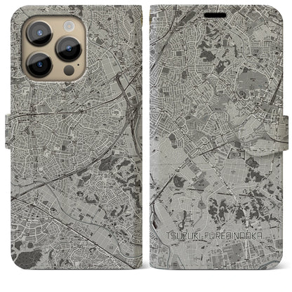 【都筑ふれあいの丘（神奈川県）】地図柄iPhoneケース（手帳タイプ）モノトーン・iPhone 14 Pro Max 用