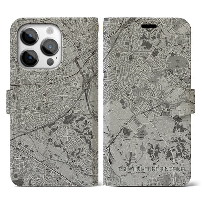【都筑ふれあいの丘（神奈川県）】地図柄iPhoneケース（手帳タイプ）モノトーン・iPhone 14 Pro 用