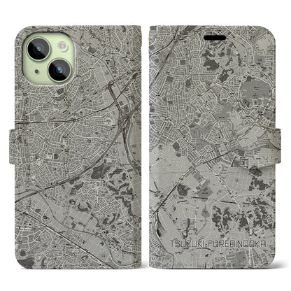 【都筑ふれあいの丘（神奈川県）】地図柄iPhoneケース（手帳タイプ）モノトーン・iPhone 15 用