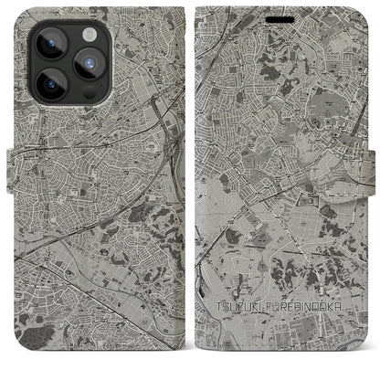 【都筑ふれあいの丘（神奈川県）】地図柄iPhoneケース（手帳タイプ）モノトーン・iPhone 15 Pro Max 用