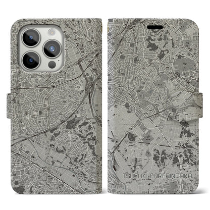 【都筑ふれあいの丘（神奈川県）】地図柄iPhoneケース（手帳タイプ）モノトーン・iPhone 15 Pro 用