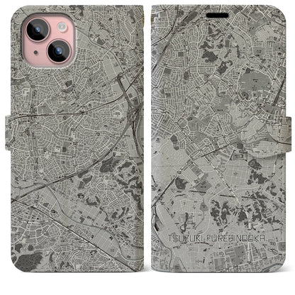 【都筑ふれあいの丘（神奈川県）】地図柄iPhoneケース（手帳タイプ）モノトーン・iPhone 15 Plus 用