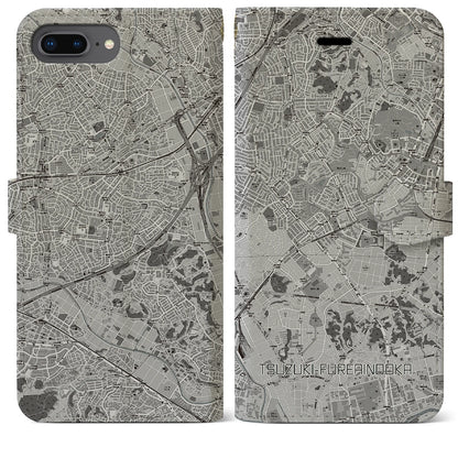 【都筑ふれあいの丘（神奈川県）】地図柄iPhoneケース（手帳タイプ）モノトーン・iPhone 8Plus /7Plus / 6sPlus / 6Plus 用