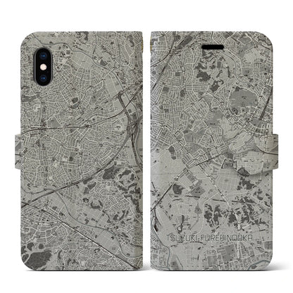 【都筑ふれあいの丘（神奈川県）】地図柄iPhoneケース（手帳タイプ）モノトーン・iPhone XS / X 用