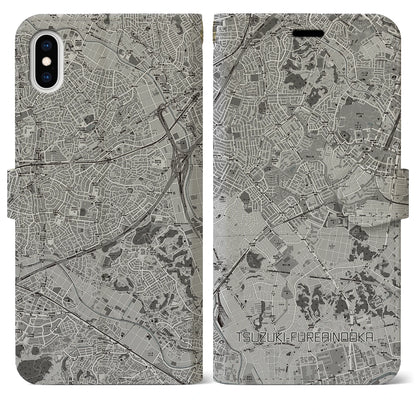 【都筑ふれあいの丘（神奈川県）】地図柄iPhoneケース（手帳タイプ）モノトーン・iPhone XS Max 用