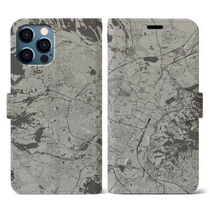 【トリノ（イタリア）】地図柄iPhoneケース（手帳タイプ）モノトーン・iPhone 12 / 12 Pro 用