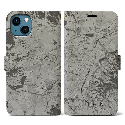 【トリノ（イタリア）】地図柄iPhoneケース（手帳タイプ）モノトーン・iPhone 13 用
