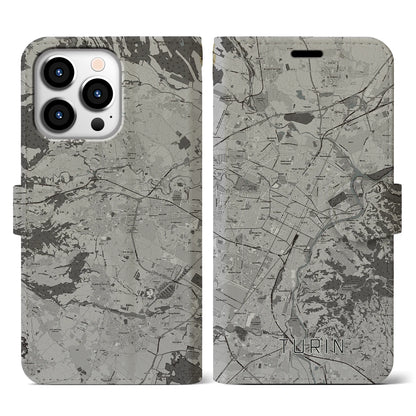 【トリノ（イタリア）】地図柄iPhoneケース（手帳タイプ）モノトーン・iPhone 13 Pro 用