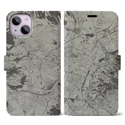 【トリノ（イタリア）】地図柄iPhoneケース（手帳タイプ）モノトーン・iPhone 14 用