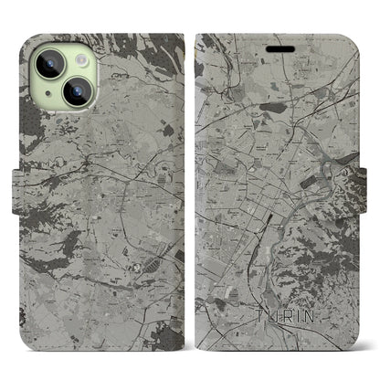 【トリノ（イタリア）】地図柄iPhoneケース（手帳タイプ）モノトーン・iPhone 15 用