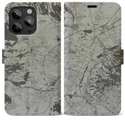 【トリノ（イタリア）】地図柄iPhoneケース（手帳タイプ）モノトーン・iPhone 15 Pro Max 用