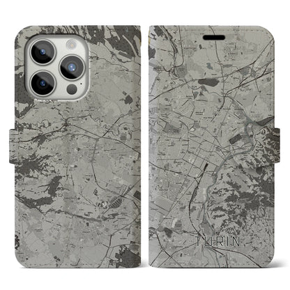 【トリノ（イタリア）】地図柄iPhoneケース（手帳タイプ）モノトーン・iPhone 15 Pro 用