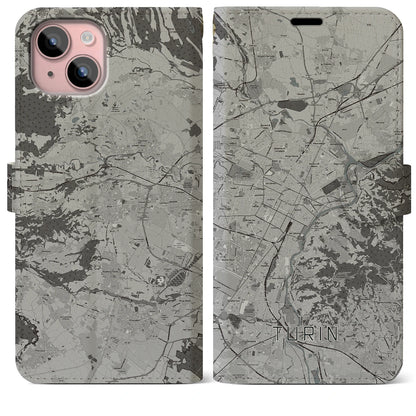 【トリノ（イタリア）】地図柄iPhoneケース（手帳タイプ）モノトーン・iPhone 15 Plus 用
