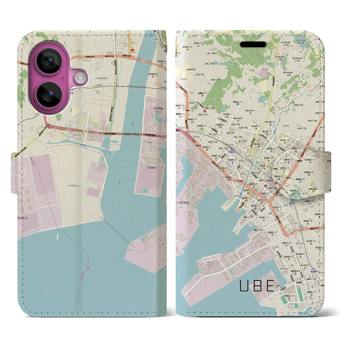 【宇部2（山口県）】地図柄iPhoneケース（手帳タイプ）モノトーン・iPhone 16 Pro Max 用
