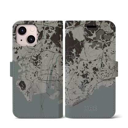 【宇部（山口県）】地図柄iPhoneケース（手帳タイプ）モノトーン・iPhone 13 mini 用