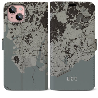 【宇部（山口県）】地図柄iPhoneケース（手帳タイプ）モノトーン・iPhone 15 Plus 用