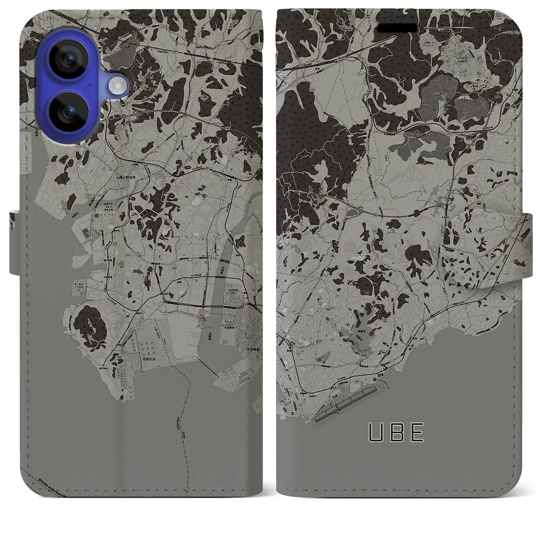 【宇部(山口県)】地図柄iPhoneケース(手帳タイプ)モノトーン・iPhone 16 Pro Max 用