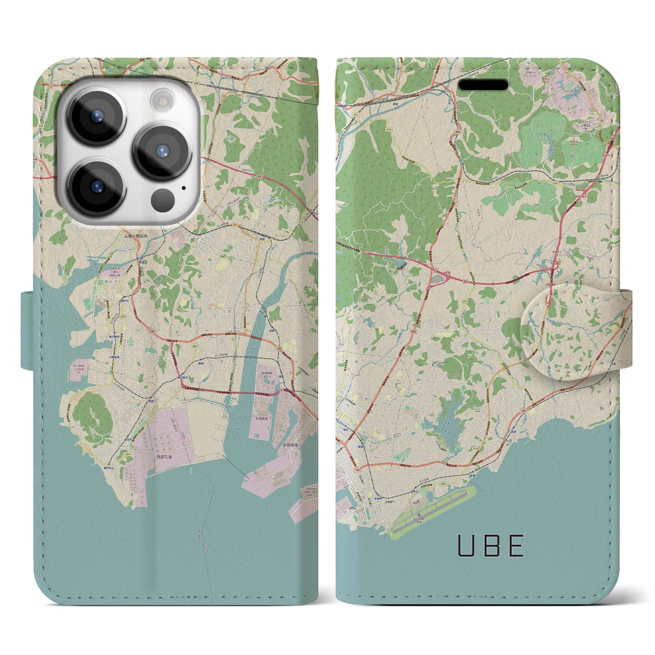 【宇部】地図柄iPhoneケース（手帳両面タイプ・ナチュラル）iPhone 14 Pro 用