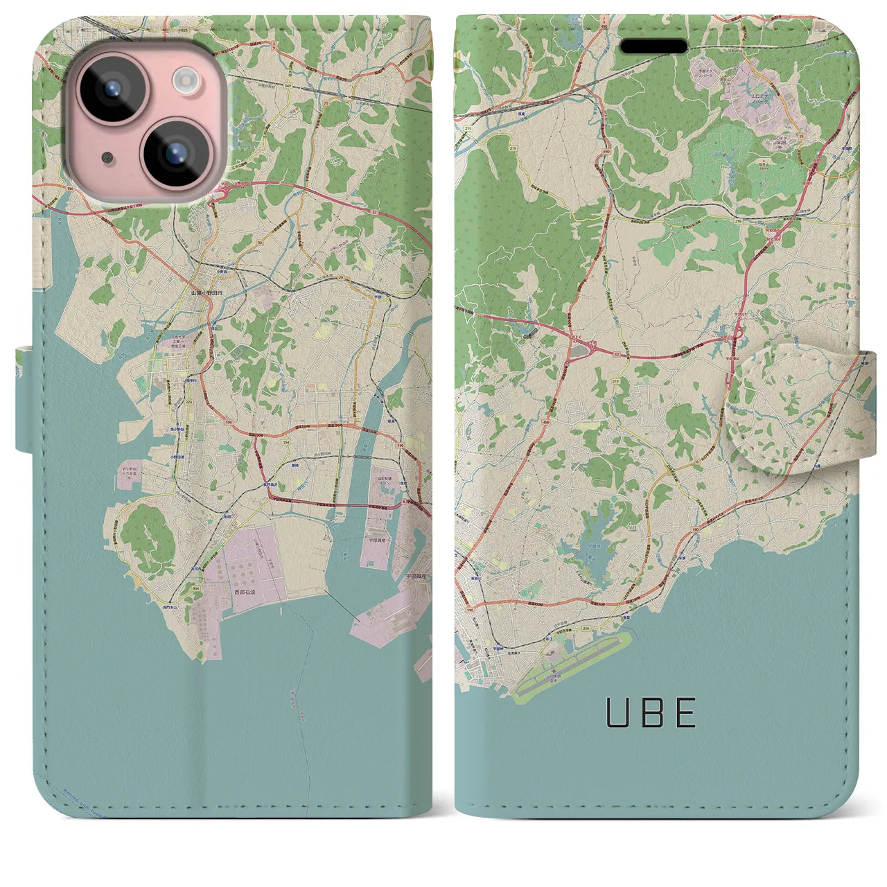 【宇部】地図柄iPhoneケース（手帳両面タイプ・ナチュラル）iPhone 15 Plus 用