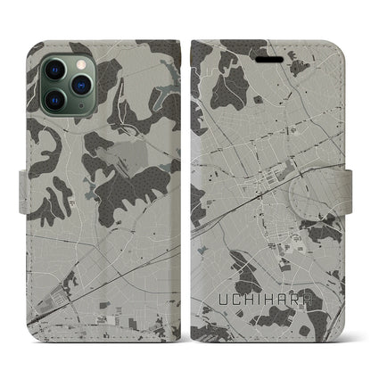 【内原（茨城県）】地図柄iPhoneケース（手帳タイプ）モノトーン・iPhone 11 Pro 用