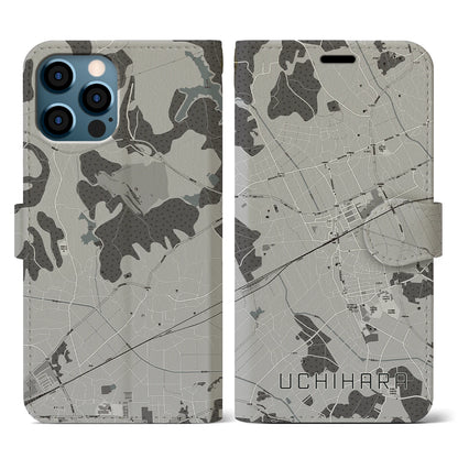 【内原（茨城県）】地図柄iPhoneケース（手帳タイプ）モノトーン・iPhone 12 / 12 Pro 用