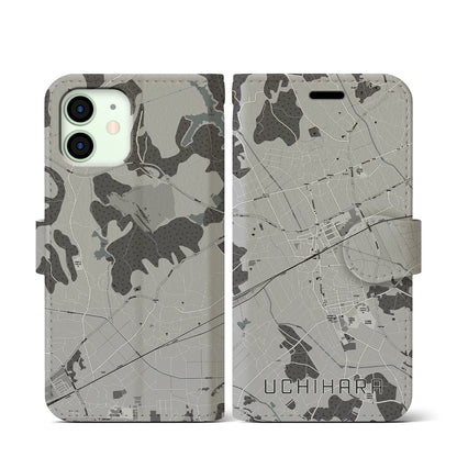 【内原（茨城県）】地図柄iPhoneケース（手帳タイプ）モノトーン・iPhone 12 mini 用