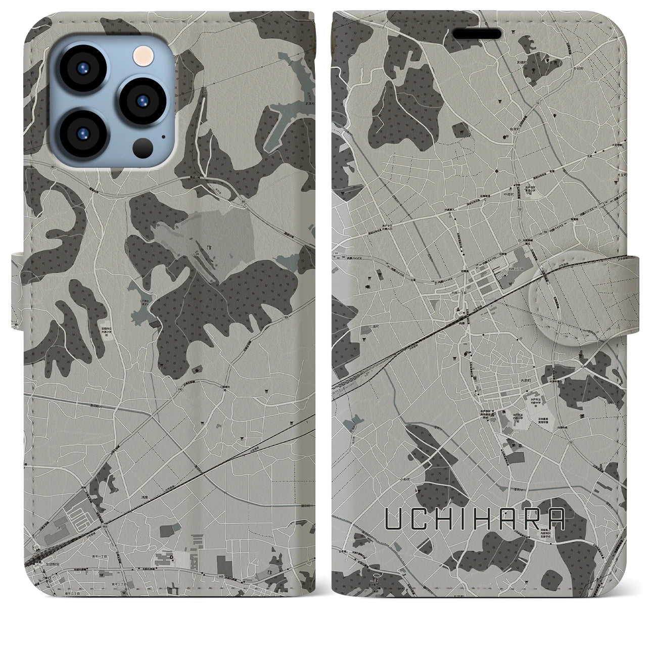 【内原】地図柄iPhoneケース（手帳両面タイプ・モノトーン）iPhone 13 Pro Max 用